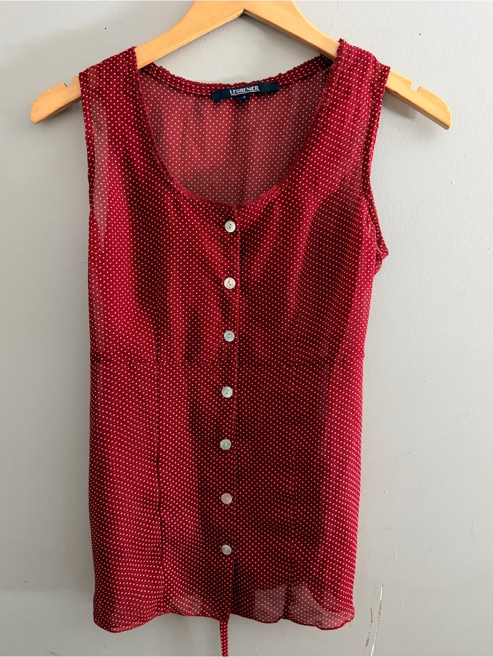 LeGrenier Sheer button down red polka dot back tie top sleeveless
